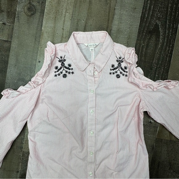 Nanette Lepore Flamingo Dream Pink Ruffled Cold Shoulser Button Down Shirt Small - Picture 4 of 11
